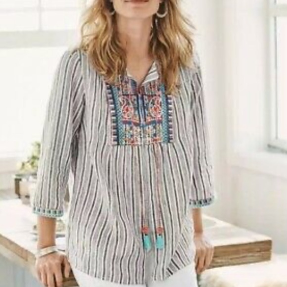J. Jill Tops - J.Jill Love Linen Striped Embroidered Top Jacket S